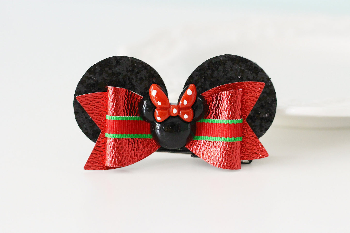 Minnie Mouse Ear Hair Clips, Christmas Minnie Ear Clip, Glitter Minnie Hair Bow, Minnie Christmas Bows, Red Glitter Hair Clip, Minnie Bow