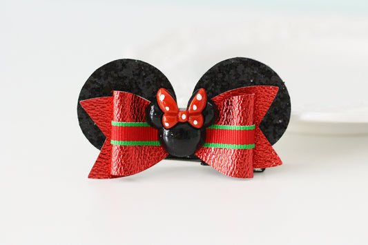 Minnie Mouse Ear Hair Clips, Christmas Minnie Ear Clip, Glitter Minnie Hair Bow, Minnie Christmas Bows, Red Glitter Hair Clip, Minnie Bow