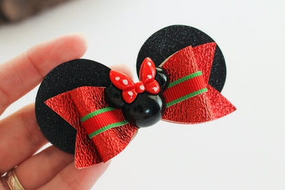 Minnie Mouse Ear Hair Clips, Christmas Minnie Ear Clip, Glitter Minnie Hair Bow, Minnie Christmas Bows, Red Glitter Hair Clip, Minnie Bow