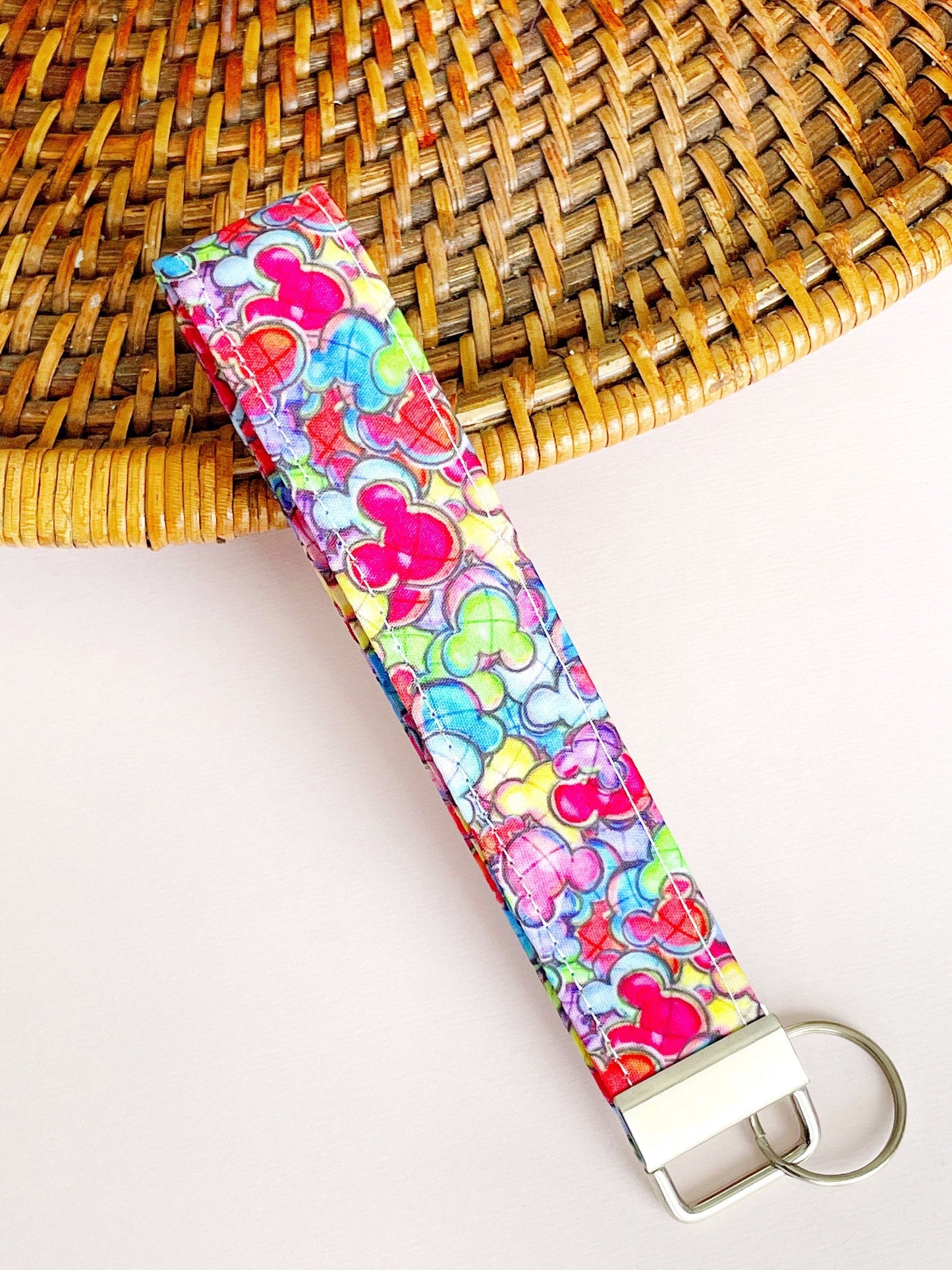 Mouse Wristlet, Mouse Print Wristlet,Fabric Keychain Key Fob, Mouse Keychain, Fabric Wrist Keychain, Rainbow balloons