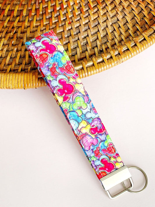 Mouse Wristlet, Mouse Print Wristlet,Fabric Keychain Key Fob, Mouse Keychain, Fabric Wrist Keychain, Rainbow balloons