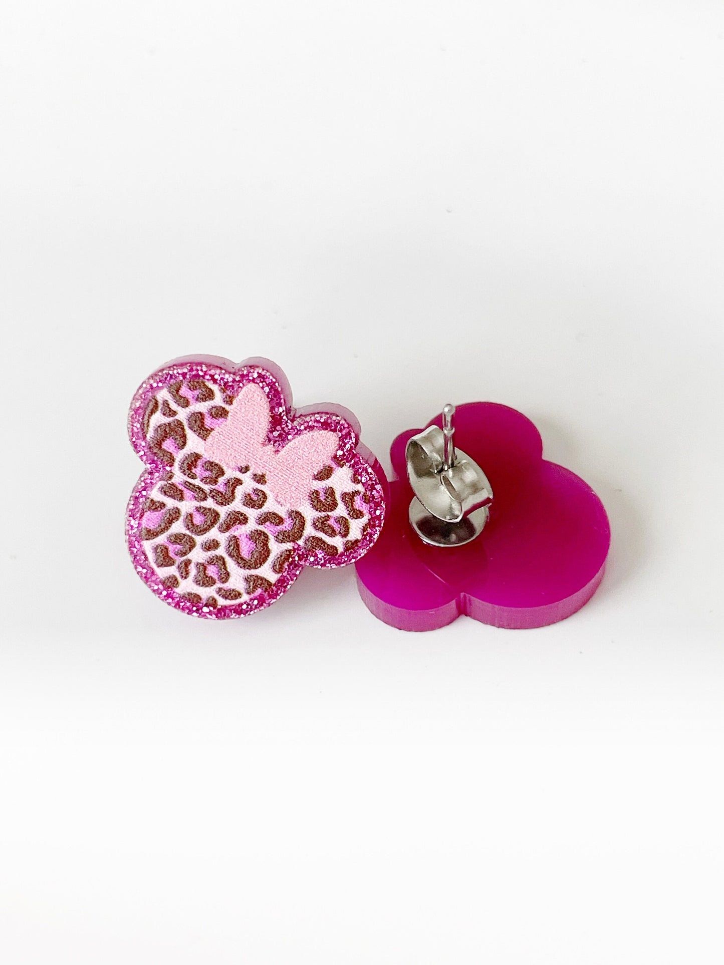 Pink Leopard Studs Earrings, Mickey Leopard Earrings, Animal Print Studs, Minnie Pink Studs, Animal Kingdom-themed Earrings, Leopard Mickey