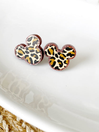 Leopard Studs Earrings, Mickey Leopard Earrings, Animal Print Studs, Minnie Pink Studs, Animal Kingdom-themed Earrings, Leopard Mickey