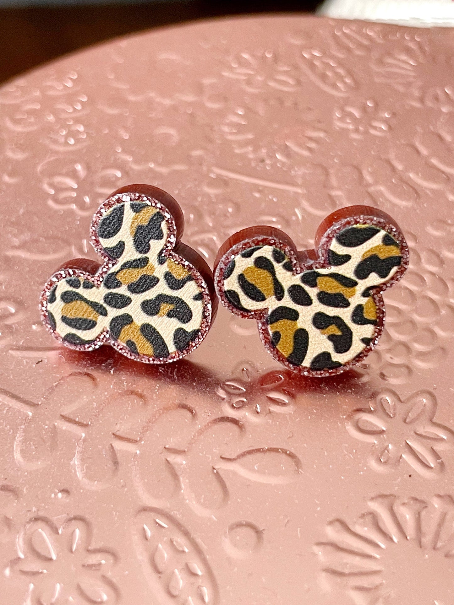 Leopard Studs Earrings, Mickey Leopard Earrings, Animal Print Studs, Minnie Pink Studs, Animal Kingdom-themed Earrings, Leopard Mickey