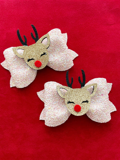 Light Pink Hair Bow, Christmas Hair Bow, Christmas Hair Clip, Reindeer Hair Clip, Holiday Hair Bow, Glitter Reindeer Hair Bow