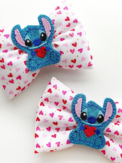 Stitch Pillow Hair Bow, Valentine's Inspired Fabric Bow, Love Hair Clip, Lilo And Stitch Hair Bow, Stitch Bow Clip, Heart Hair Bow