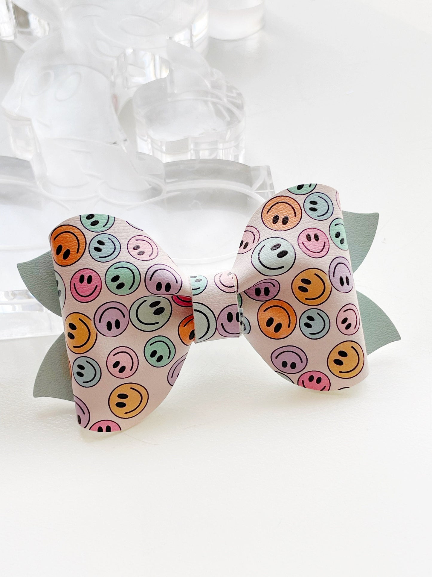 Happy Faces Hair Bow, Smiley Hair Bow, Faux Leather Hair Bow, Pinch Hair Bow, Celebration Hair Bow, Smiley Face Hair Clip