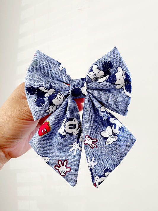 Mickey And Minnie Denim Hair Bow, Mickey Denim Hair Bow, Disney Fabric Bow, Disney Hair Bow, Disneyland Hair Bow, Disney World Bow